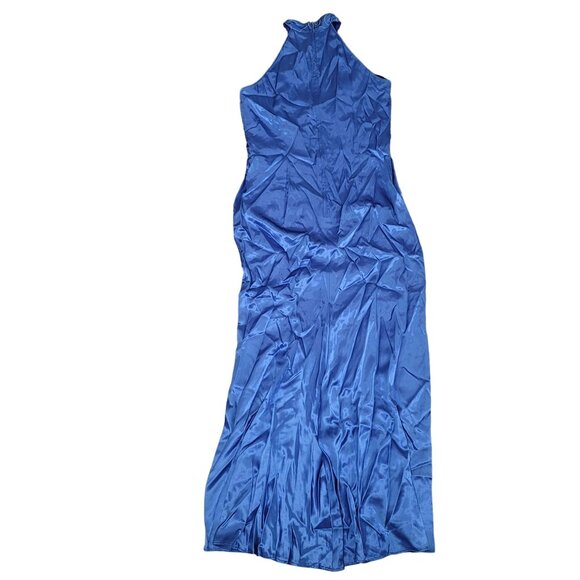 Jessica McClintock Gunne Sax Blue Embroidered Satin Halter Maxi Dress Size 11/12 - Picture 2 of 5